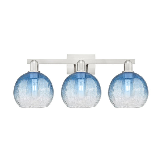 Innovations Brookhaven Globe 27in 3-Light Bath Vanity Light | Industrial Brushed Satin Nickel and Sapphire Blue Glass | Model 716-3W-SN-G483-8SB