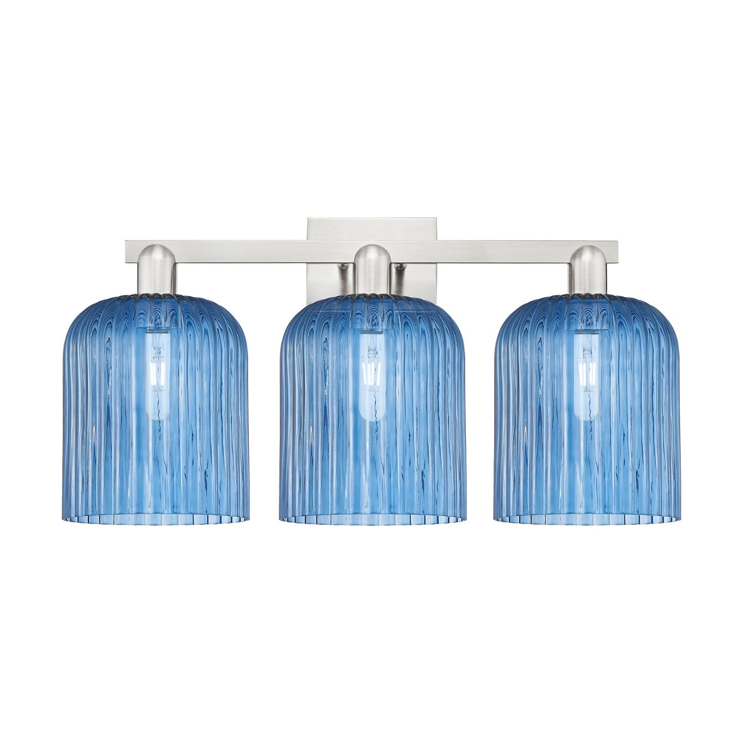 Innovations Bridal Veil 27in 3-Light Bath Vanity Light | Industrial Transitional Brushed Satin Nickel and Princess Blue Ribbed | Model 716-3W-SN-G559-8BL