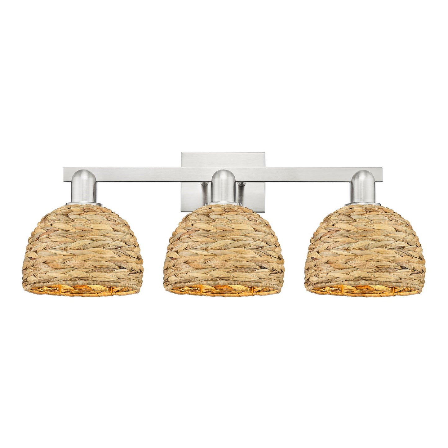 Innovations Woven Rattan 27in 3-Light Bath Vanity Light | Industrial Brushed Satin Nickel and Natural Fiber Dome Shade | Model 716-3W-SN-RBD-8-NAT