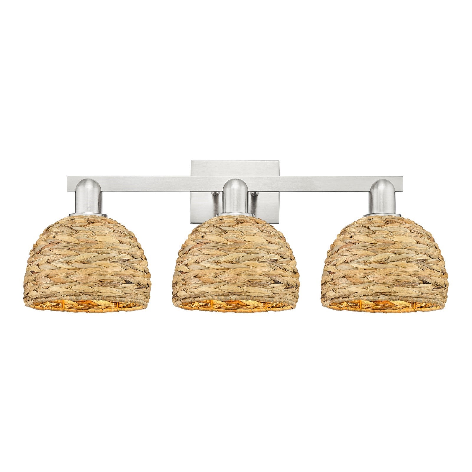 Innovations Woven Rattan 27in 3-Light Bath Vanity Light | Industrial Brushed Satin Nickel and Natural Fiber Dome Shade | Model 716-3W-SN-RBD-8-NAT