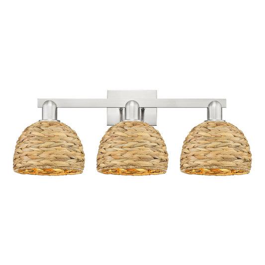 Innovations Woven Rattan 27in 3-Light Bath Vanity Light | Industrial Brushed Satin Nickel and Natural Fiber Dome Shade | Model 716-3W-SN-RBD-8-NAT