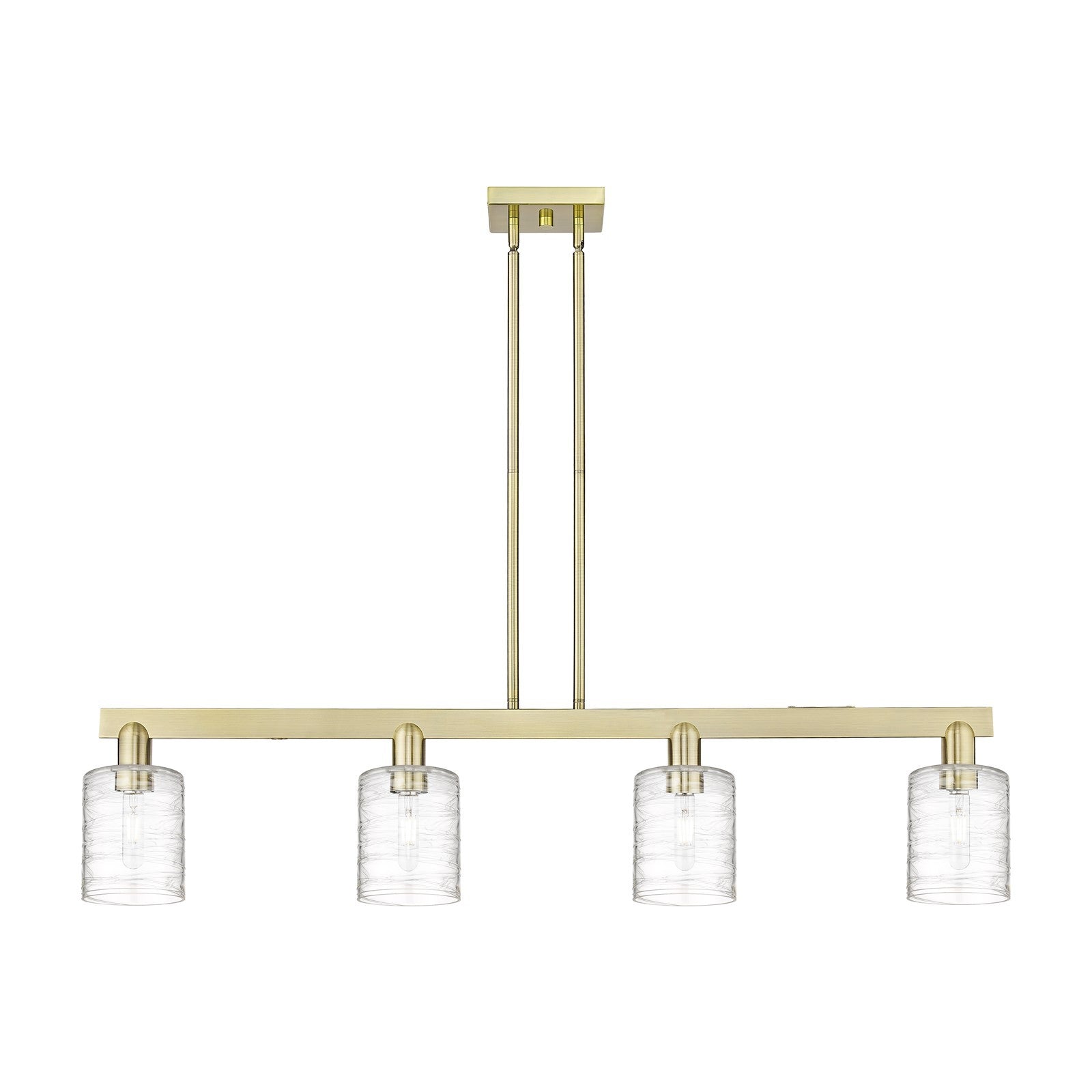 Innovations Cobbleskill 48in 4-Light Island Light | Industrial Antique Brass Steel and Deco Swirl Clear Glass | Kitchen Island | Model 716-4I-AB-G1113