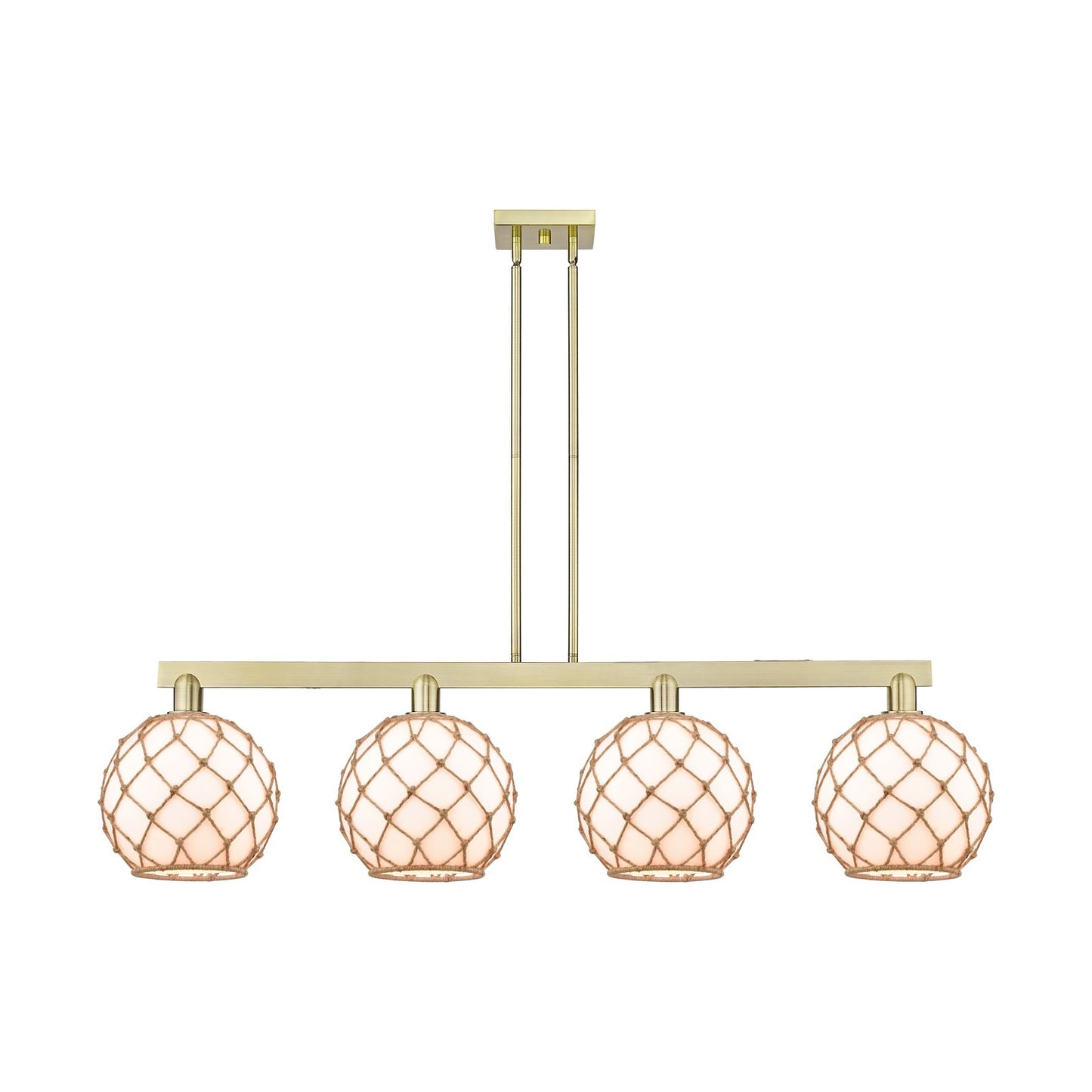 Innovations Farmhouse Rope 53in 4-Light Island Light | Industrial Antique Brass Steel and Matte White Glass with Brown Rope | Model 716-4I-AB-G121-10RB
