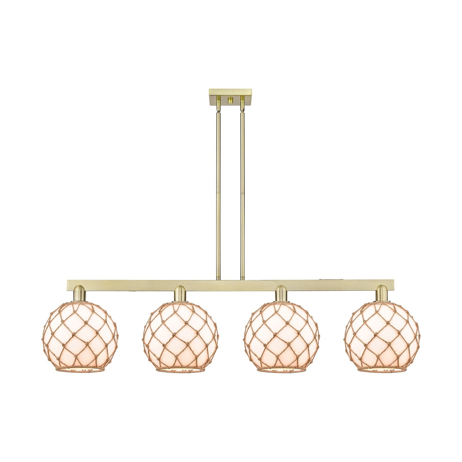 Innovations Farmhouse Rope 53in 4-Light Island Light | Industrial Antique Brass Steel and Matte White Glass with Brown Rope | Model 716-4I-AB-G121-10RB