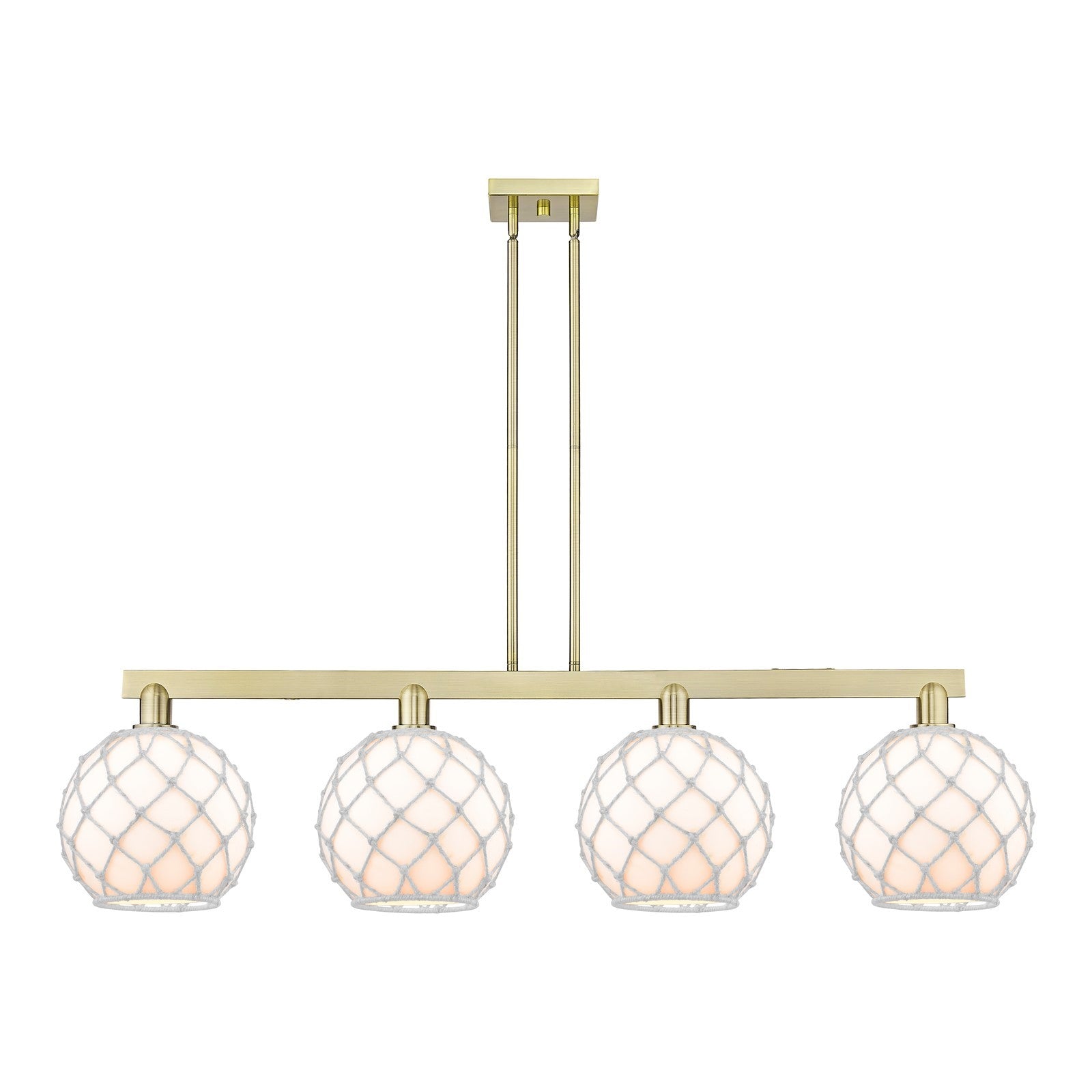 Innovations Farmhouse Rope 53in 4-Light Island Light | Industrial Antique Brass Steel and White Glass with Rope | Kitchen | Model 716-4I-AB-G121-10RW