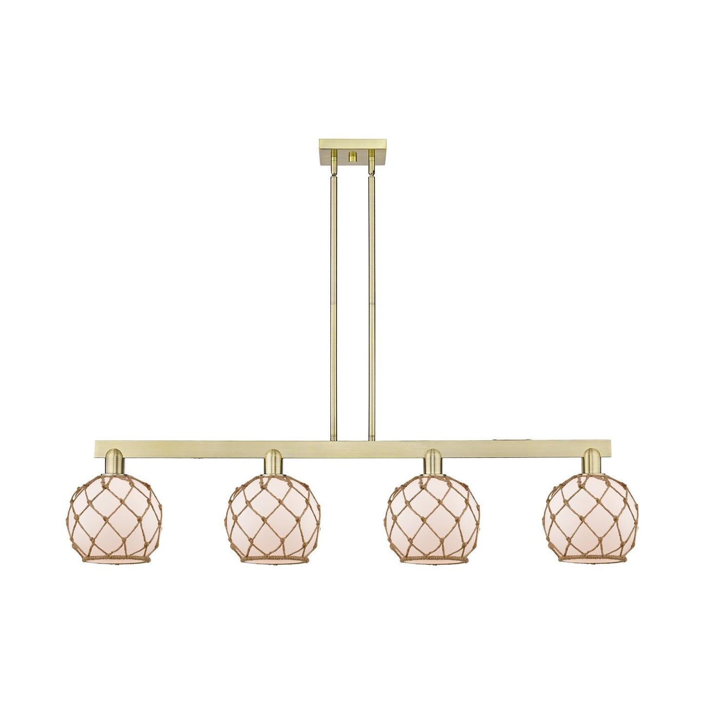 Innovations Farmhouse Rope 51in 4-Light Island Light | Industrial Antique Brass Steel and White Frosted Glass with Brown Rope | Model 716-4I-AB-G121-8RB