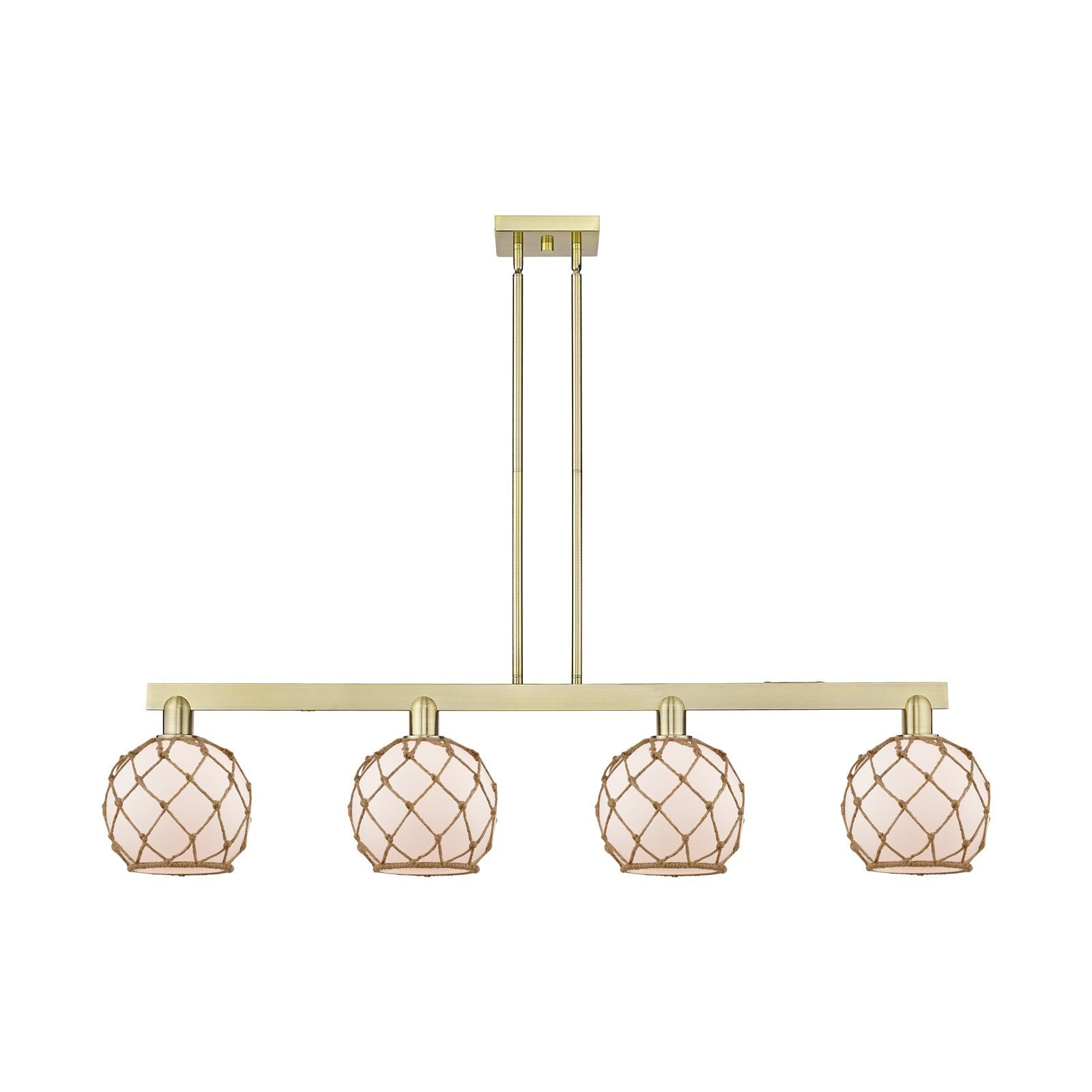 Innovations Farmhouse Rope 51in 4-Light Island Light | Industrial Antique Brass Steel and White Frosted Glass with Brown Rope | Model 716-4I-AB-G121-8RB