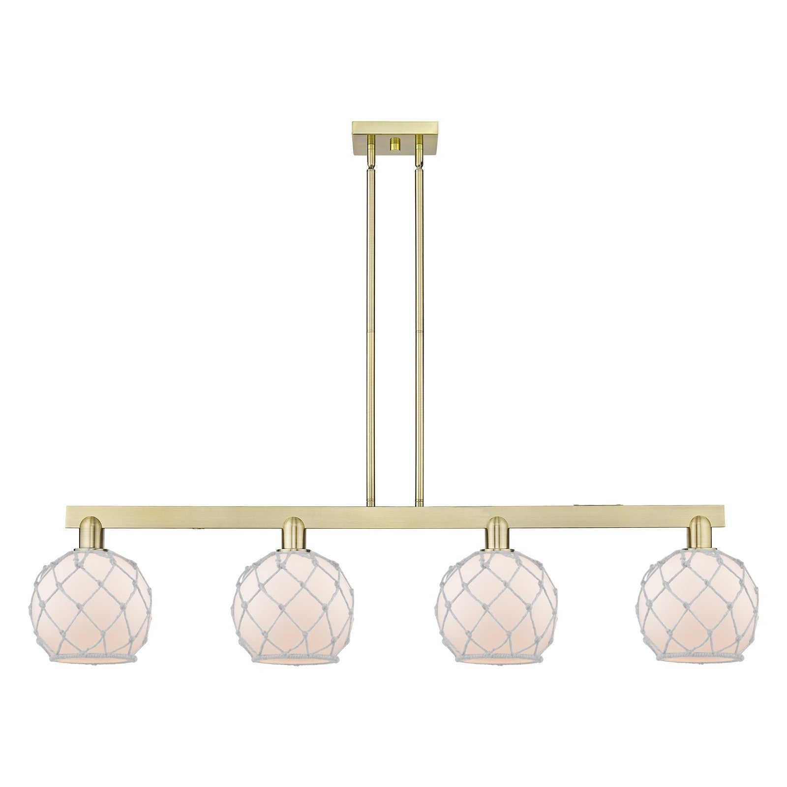 Innovations Farmhouse Rope 51in 4-Light Island Light | Industrial Antique Brass Steel and White Frosted Glass with Rope | Model 716-4I-AB-G121-8RW