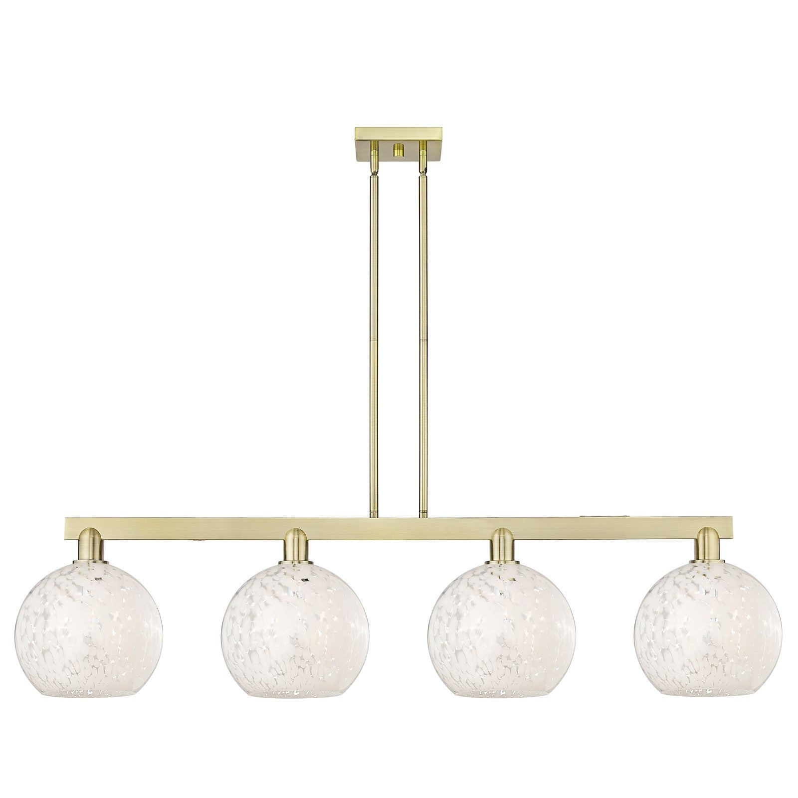 Innovations Lighting White Mouchette 51in 4-Light Island Light | Industrial Antique Brass Steel and White Glass | Kitchen | Model 716-4I-AB-G1216-8WM