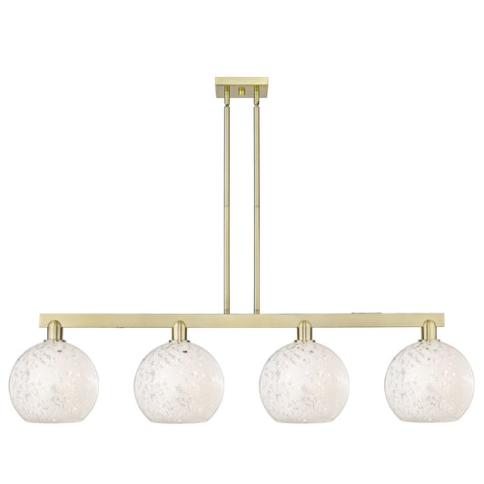 Innovations Lighting White Mouchette 51in 4-Light Island Light | Industrial Antique Brass Steel and White Glass | Kitchen | Model 716-4I-AB-G1216-8WM