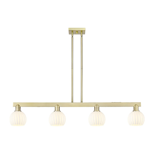 Innovations Lighting White Venetian 49in 4-Light Island Light | Industrial Antique Brass and White Venetian Glass | Kitchen | Model 716-4I-AB-G1217-6WV