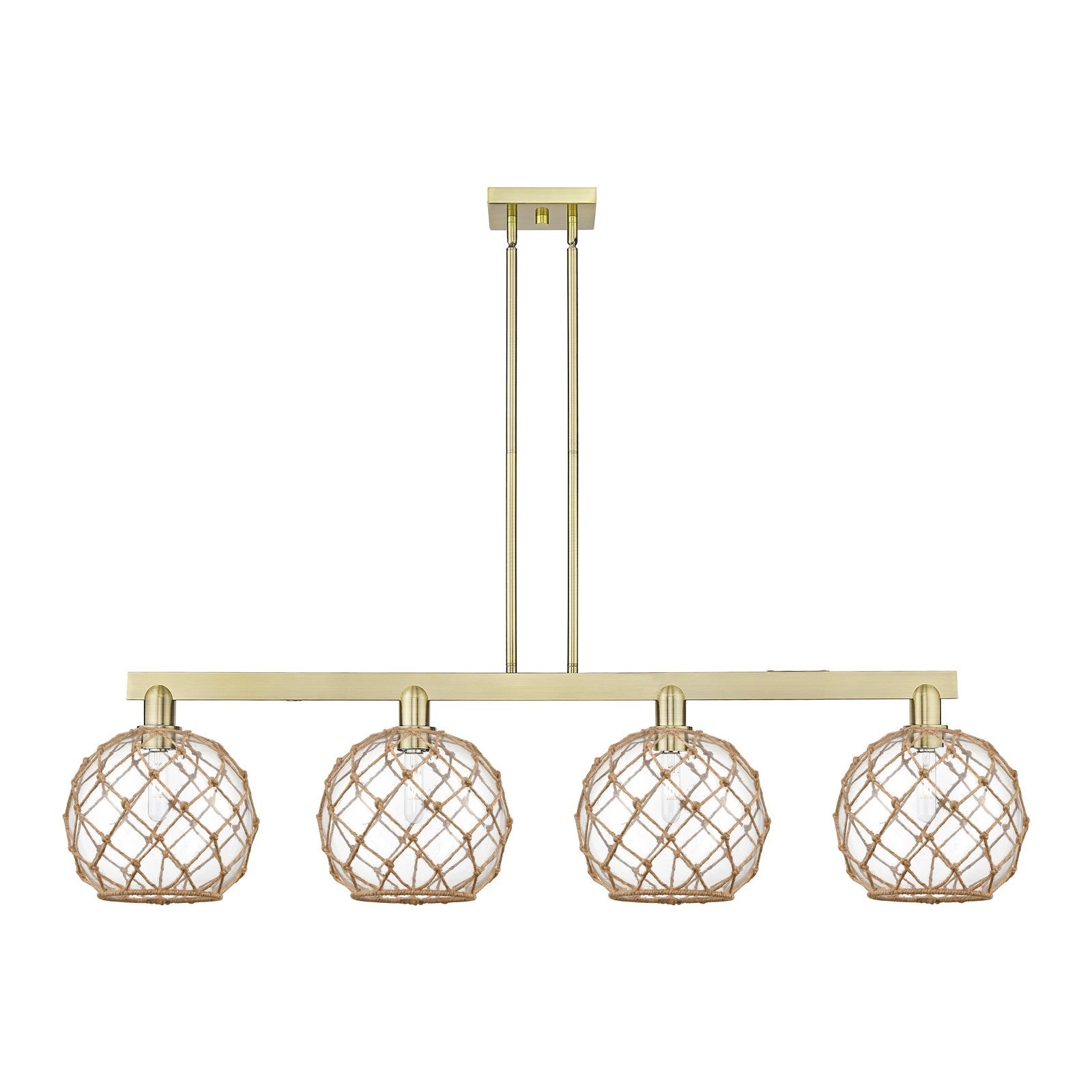 Innovations Farmhouse Rope 53in 4-Light Island Light | Industrial Antique Brass Steel and Clear Glass with Brown Rope | Model 716-4I-AB-G122-10RB