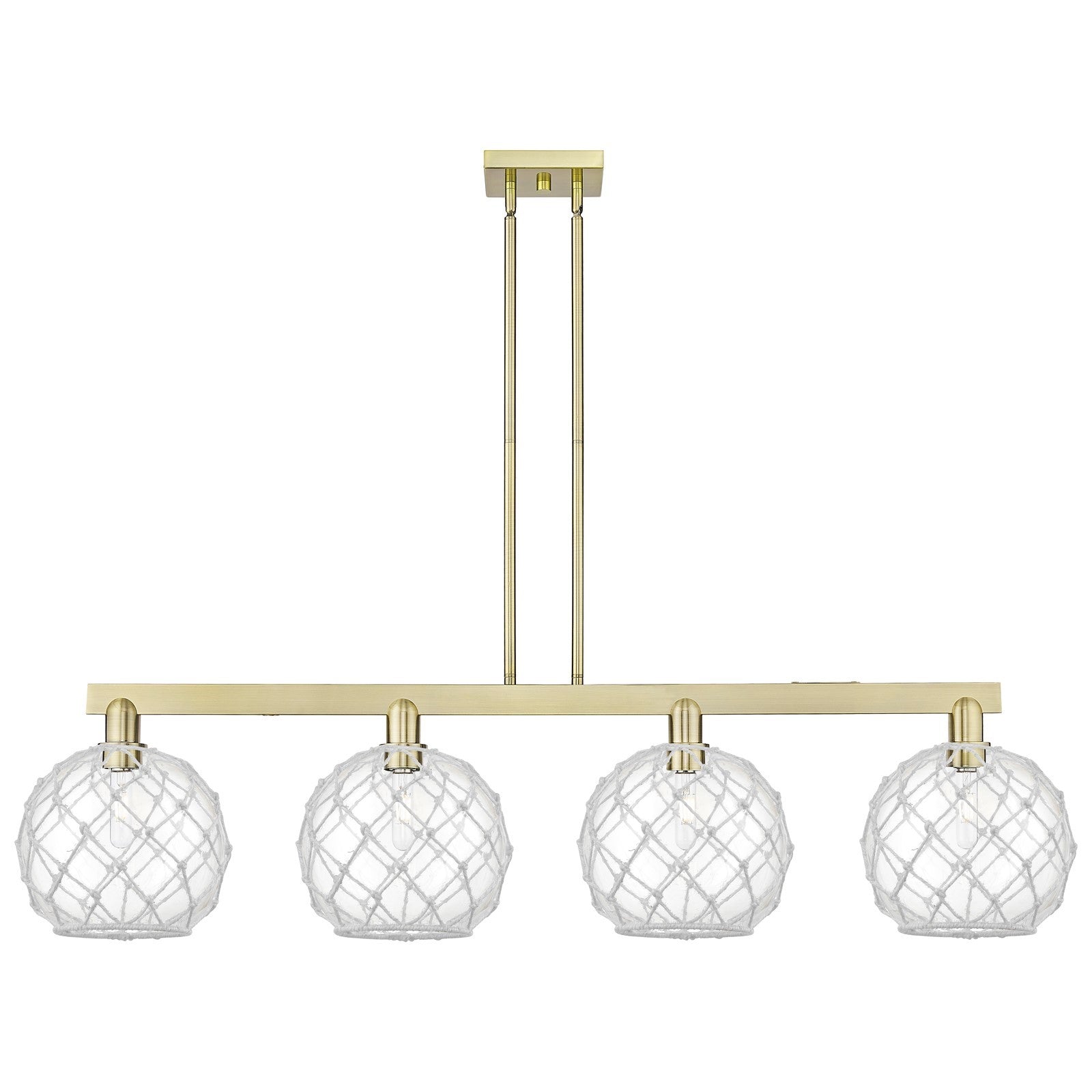 Innovations Farmhouse Rope 53in 4-Light Island Light | Industrial Antique Brass and Clear Glass with White Rope | Kitchen | Model 716-4I-AB-G122-10RW