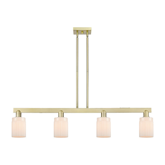Innovations Hadley 47in 4-Light Island Light | Industrial Antique Brass and Matte White Glass | Kitchen Island | 47.25 x 9.88 in | Model 716-4I-AB-G341