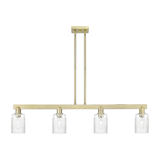 Innovations Hadley 47in 4-Light Island Light | Industrial Antique Brass Steel and Clear Ribbed Glass | Kitchen Island & Dining Room | Model 716-4I-AB-G342