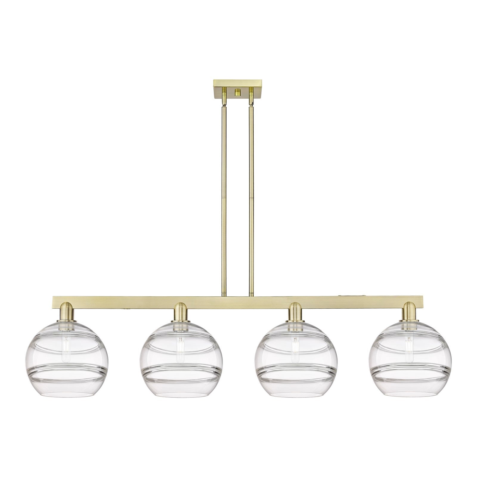 Innovations Rochester 53in 4-Light Island Light | Industrial Antique Brass Steel and Clear Glass | Kitchen Island & Dining | Model 716-4I-AB-G556-10CL
