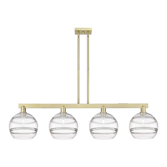 Innovations Rochester 53in 4-Light Island Light | Industrial Antique Brass Steel and Clear Glass | Kitchen Island & Dining | Model 716-4I-AB-G556-10CL