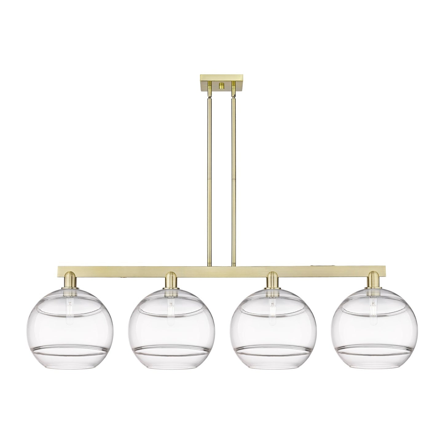 Innovations Rochester 55in 4-Light Island Light | Industrial Antique Brass and Clear Glass | Kitchen Island & Dining Room | Model 716-4I-AB-G556-12CL