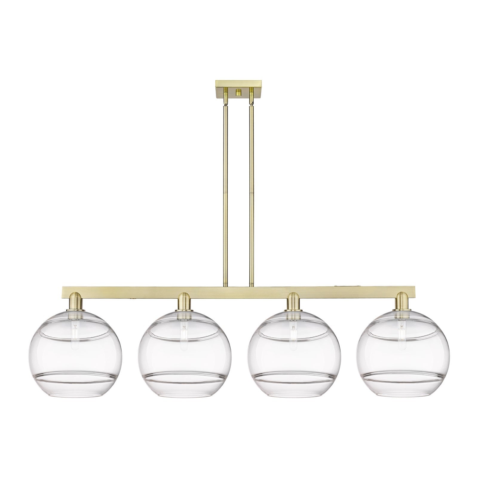 Innovations Rochester 55in 4-Light Island Light | Industrial Antique Brass and Clear Glass | Kitchen Island & Dining Room | Model 716-4I-AB-G556-12CL