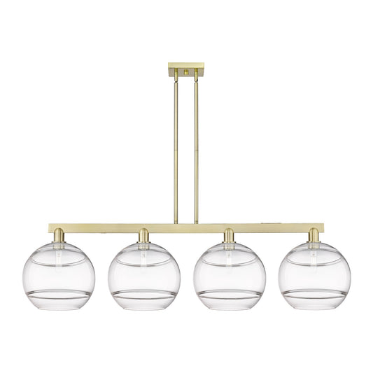 Innovations Rochester 55in 4-Light Island Light | Industrial Antique Brass and Clear Glass | Kitchen Island & Dining Room | Model 716-4I-AB-G556-12CL