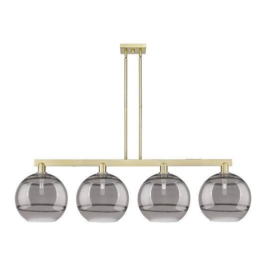 Innovations Rochester 55in 4-Light Island Light | Industrial Antique Brass and Light Smoke Glass | Kitchen Island & Dining | Model 716-4I-AB-G556-12SM