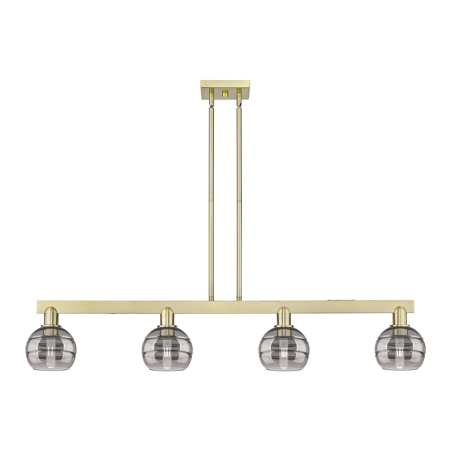Innovations Rochester 49in 4-Light Island Light | Industrial Antique Brass and Light Smoke Glass | Kitchen Island & Dining Room | Model 716-4I-AB-G556-6SM