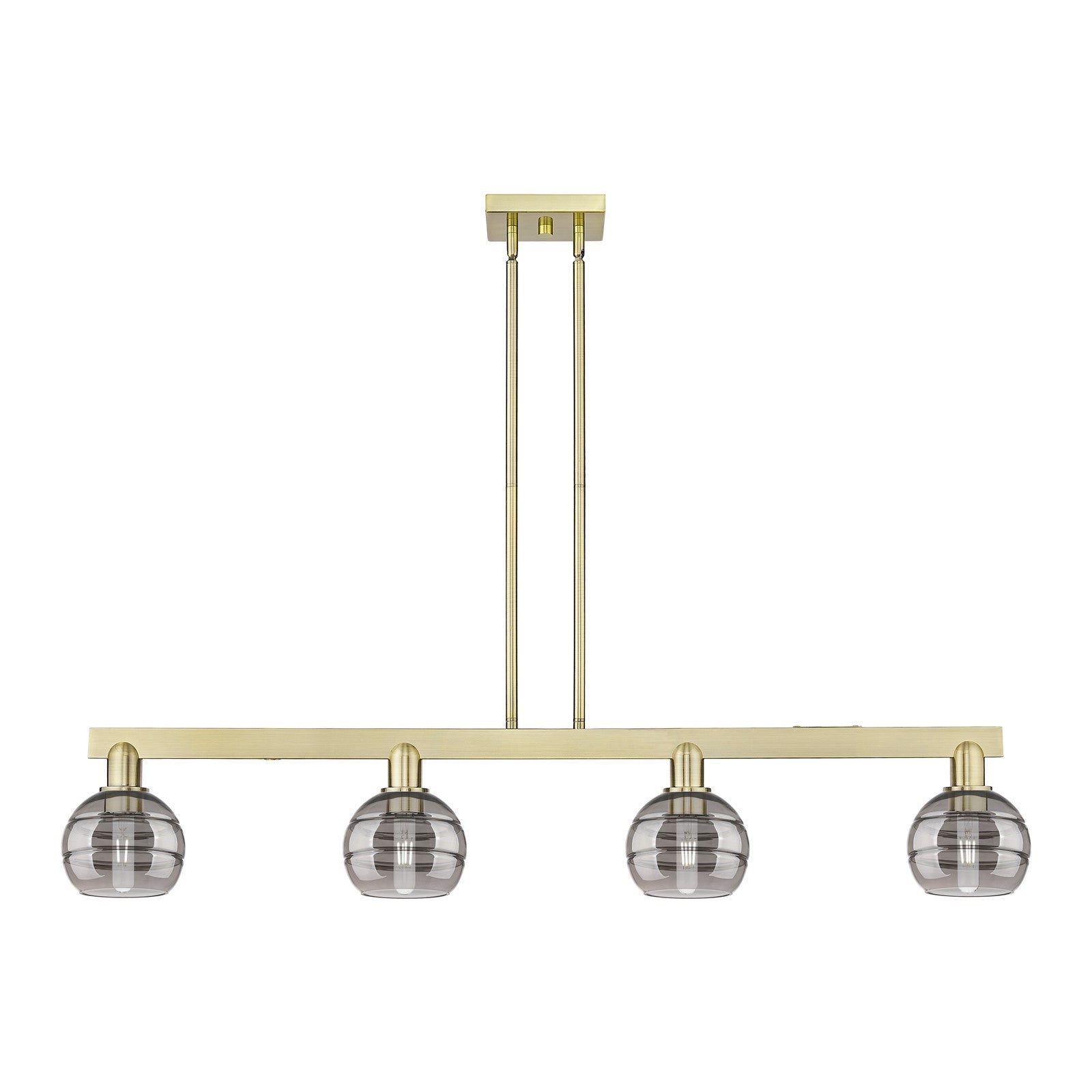Innovations Rochester 49in 4-Light Island Light | Industrial Antique Brass and Light Smoke Glass | Kitchen Island & Dining Room | Model 716-4I-AB-G556-6SM