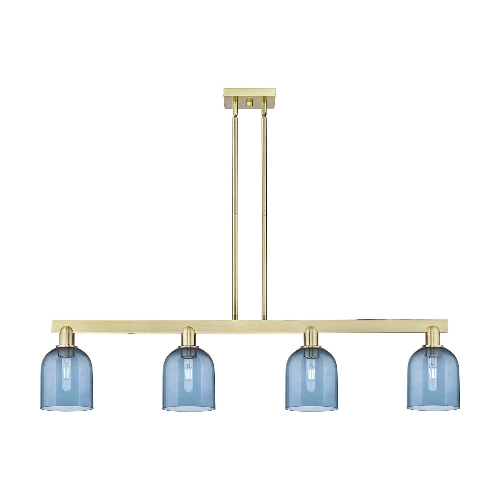 Innovations Bella 48in 4-Light Island Light | Industrial Antique Brass and Blue Glass | Kitchen Island & Dining Room | Model 716-4I-AB-G558-6BL
