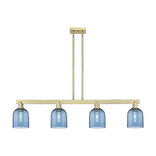 Innovations Bella 48in 4-Light Island Light | Industrial Antique Brass and Blue Glass | Kitchen Island & Dining Room | Model 716-4I-AB-G558-6BL