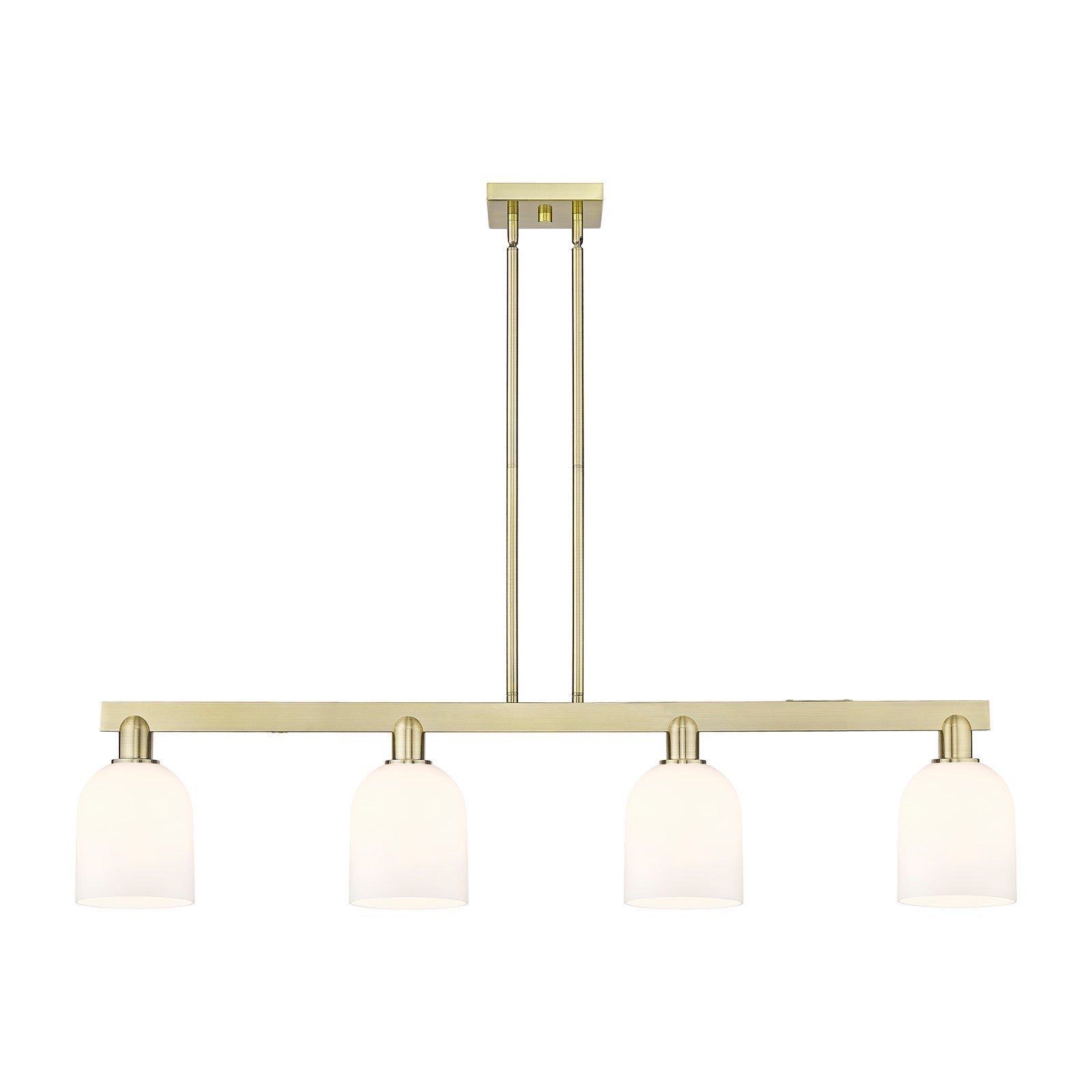 Innovations Bella 48in 4-Light Island Light | Industrial Antique Brass Steel and White Glass | Kitchen Island & Dining Room | Model 716-4I-AB-G558-6GWH