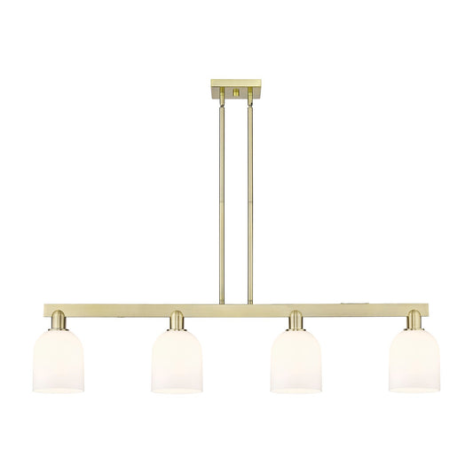 Innovations Bella 48in 4-Light Island Light | Industrial Antique Brass Steel and White Glass | Kitchen Island & Dining Room | Model 716-4I-AB-G558-6GWH