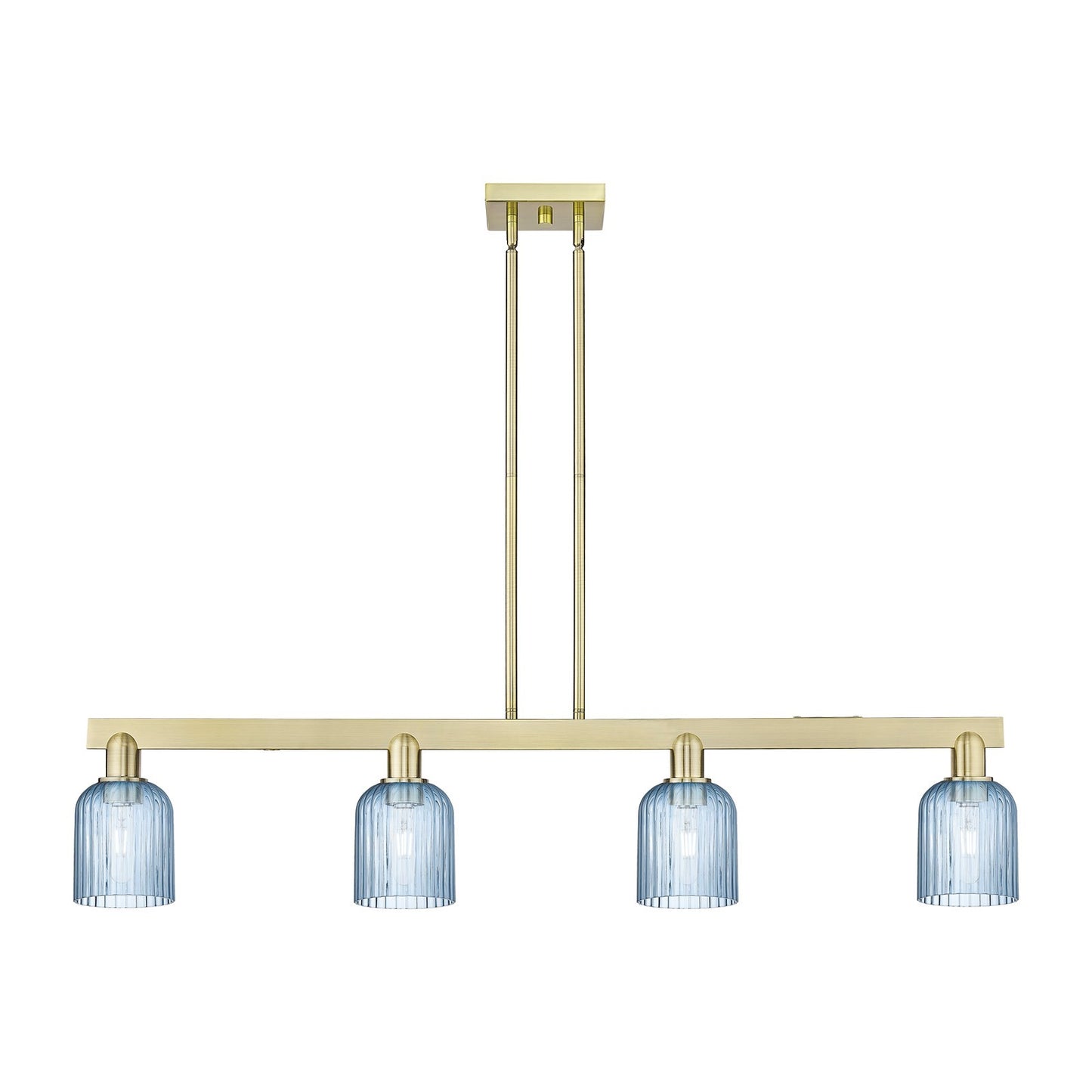 Innovations Bridal Veil 48in 4-Light Island Light | Industrial Antique Brass Steel and Princess Blue Ribbed Glass | Kitchen | Model 716-4I-AB-G559-5BL