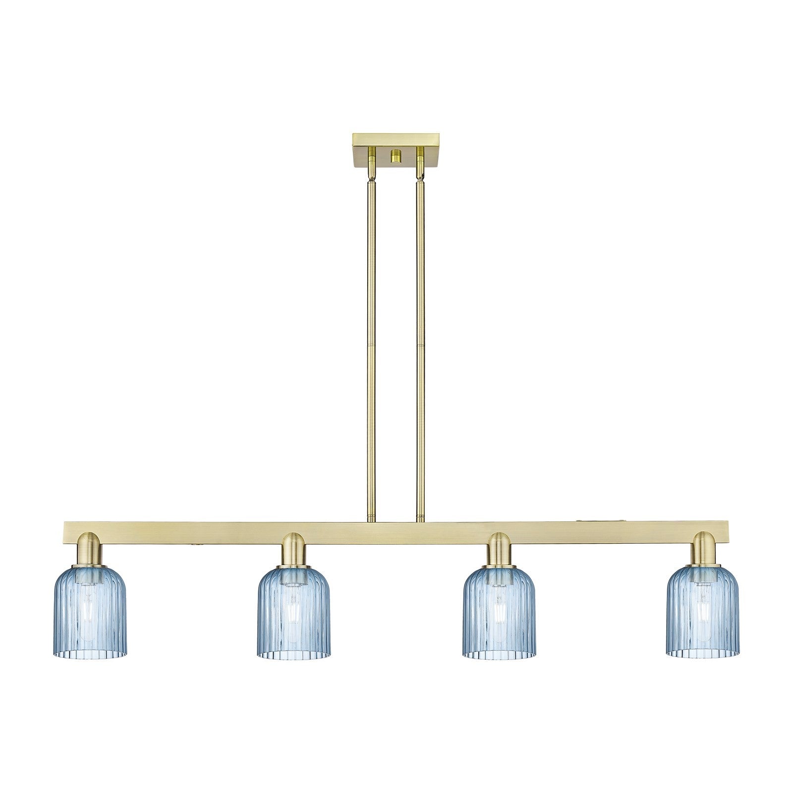 Innovations Bridal Veil 48in 4-Light Island Light | Industrial Antique Brass Steel and Princess Blue Ribbed Glass | Kitchen | Model 716-4I-AB-G559-5BL