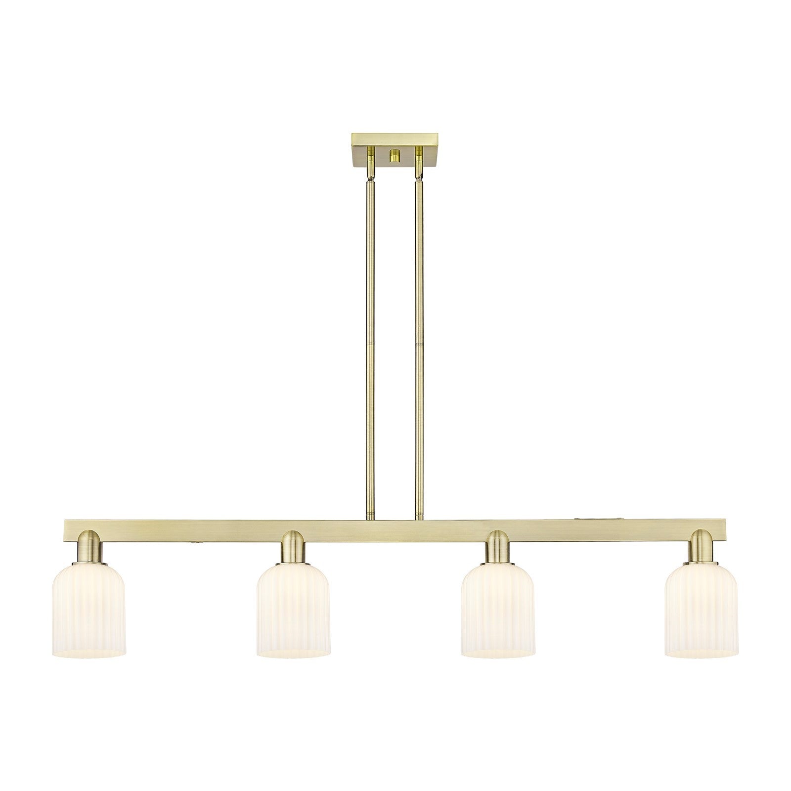 Innovations Bridal Veil 48in 4-Light Island Light | Industrial Antique Brass Steel and Gloss White Ribbed Glass | Kitchen | Model 716-4I-AB-G559-5GWH