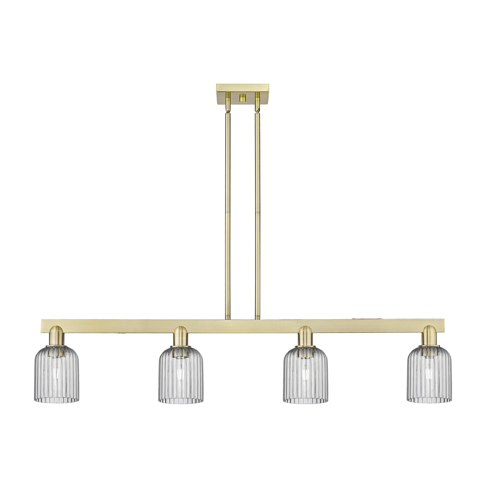 Innovations Bridal Veil 48in 4-Light Island Light | Industrial Antique Brass Steel and Light Smoke Ribbed Glass | Kitchen | Model 716-4I-AB-G559-5SM