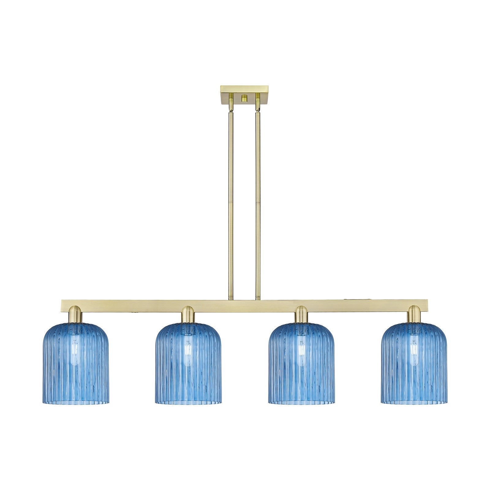 Innovations Bridal Veil 51in 4-Light Island Light | Industrial Antique Brass Steel and Princess Blue Ribbed Glass | Kitchen | Model 716-4I-AB-G559-8BL