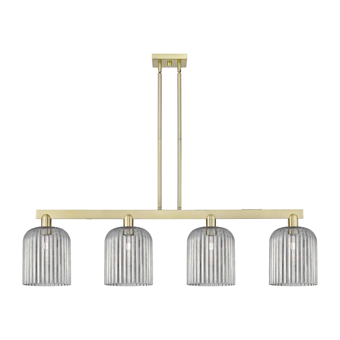 Innovations Bridal Veil 51in 4-Light Island Light | Industrial Antique Brass Steel and Light Smoke Ribbed Glass | Kitchen | Model 716-4I-AB-G559-8SM