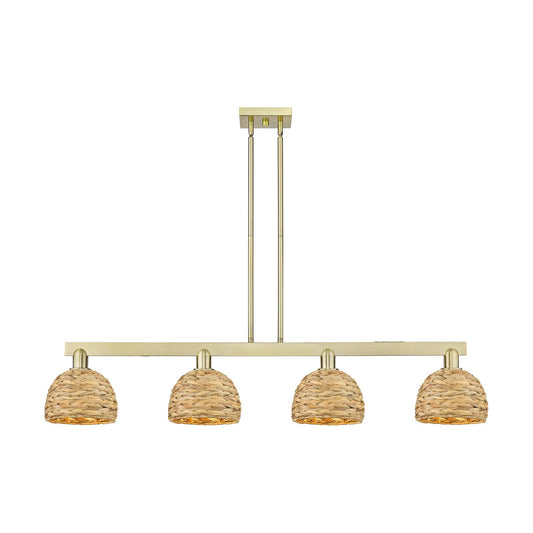 Innovations Woven Rattan 51in 4-Light Island Light | Industrial Antique Brass and Natural Fiber | Kitchen Island & Dining Room | Model 716-4I-AB-RBD-8-NAT