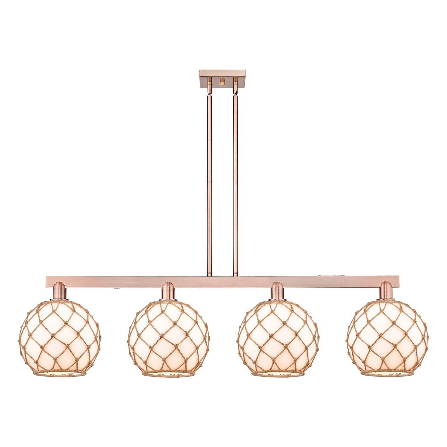 Innovations Farmhouse Rope 53in 4-Light Island Light | Industrial Antique Copper Steel and Matte White Glass with Rope | Model 716-4I-AC-G121-10RB