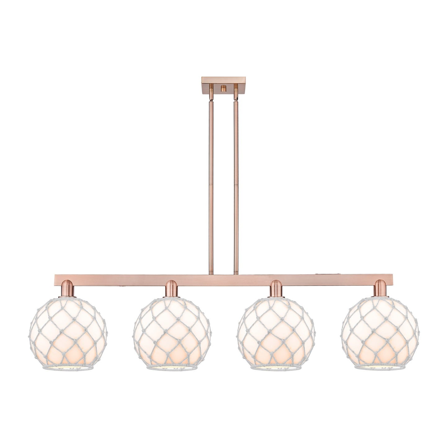 Innovations Farmhouse Rope 53in 4-Light Island Light | Industrial Antique Copper Steel and White Glass with Rope | Kitchen | Model 716-4I-AC-G121-10RW
