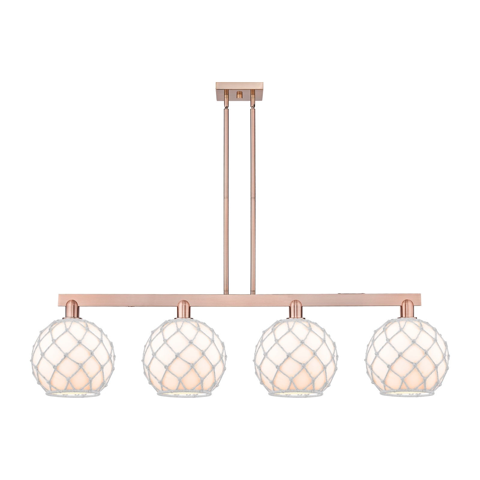 Innovations Farmhouse Rope 53in 4-Light Island Light | Industrial Antique Copper Steel and White Glass with Rope | Kitchen | Model 716-4I-AC-G121-10RW