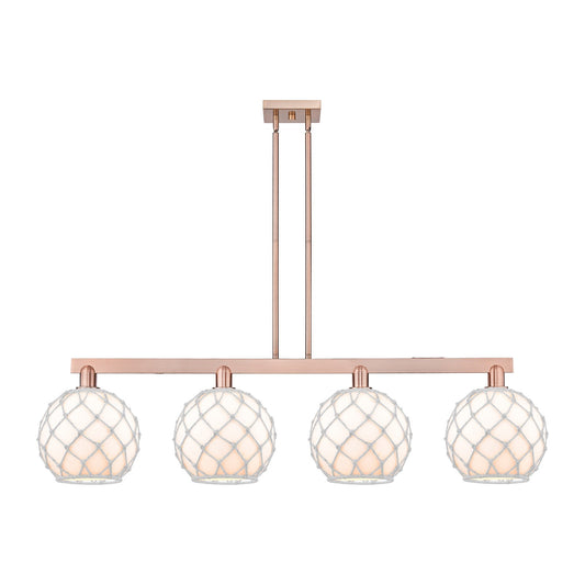 Innovations Farmhouse Rope 53in 4-Light Island Light | Industrial Antique Copper Steel and White Glass with Rope | Kitchen | Model 716-4I-AC-G121-10RW