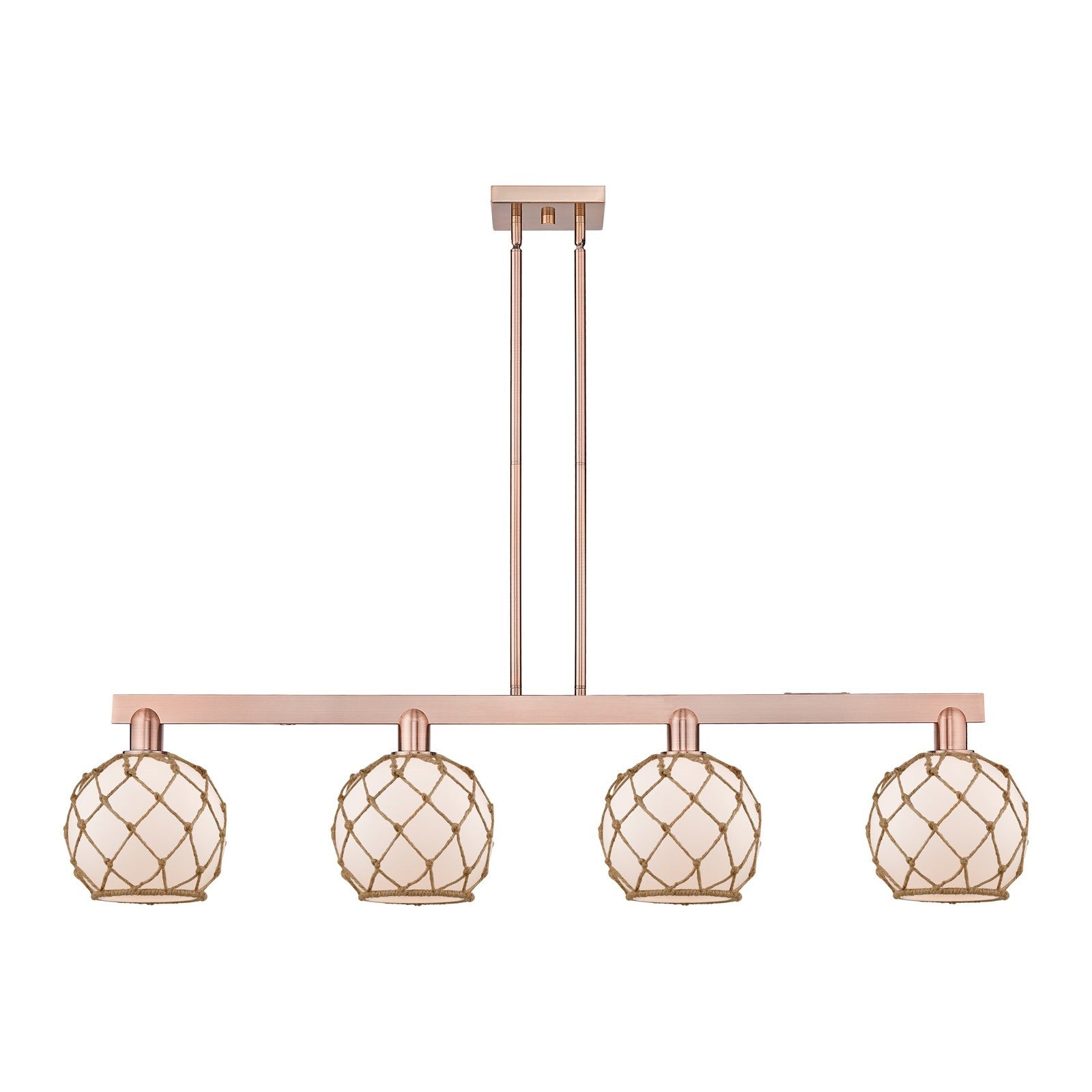 Innovations Farmhouse Rope 51in 4-Light Island Light | Industrial Antique Copper Steel and White Frosted Glass with Brown Rope | Model 716-4I-AC-G121-8RB