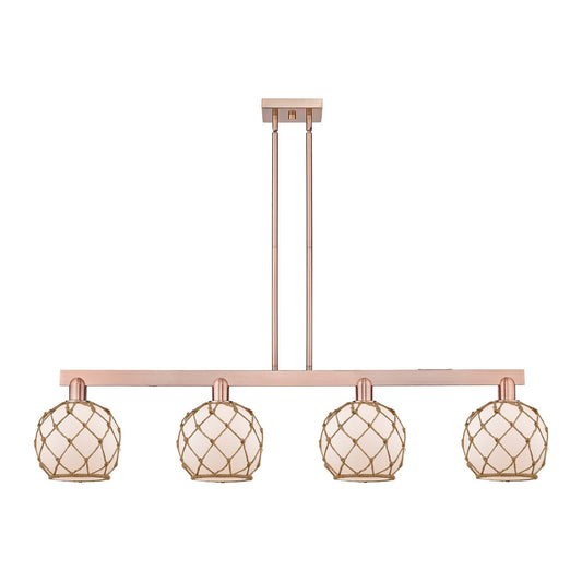 Innovations Farmhouse Rope 51in 4-Light Island Light | Industrial Antique Copper Steel and White Frosted Glass with Brown Rope | Model 716-4I-AC-G121-8RB