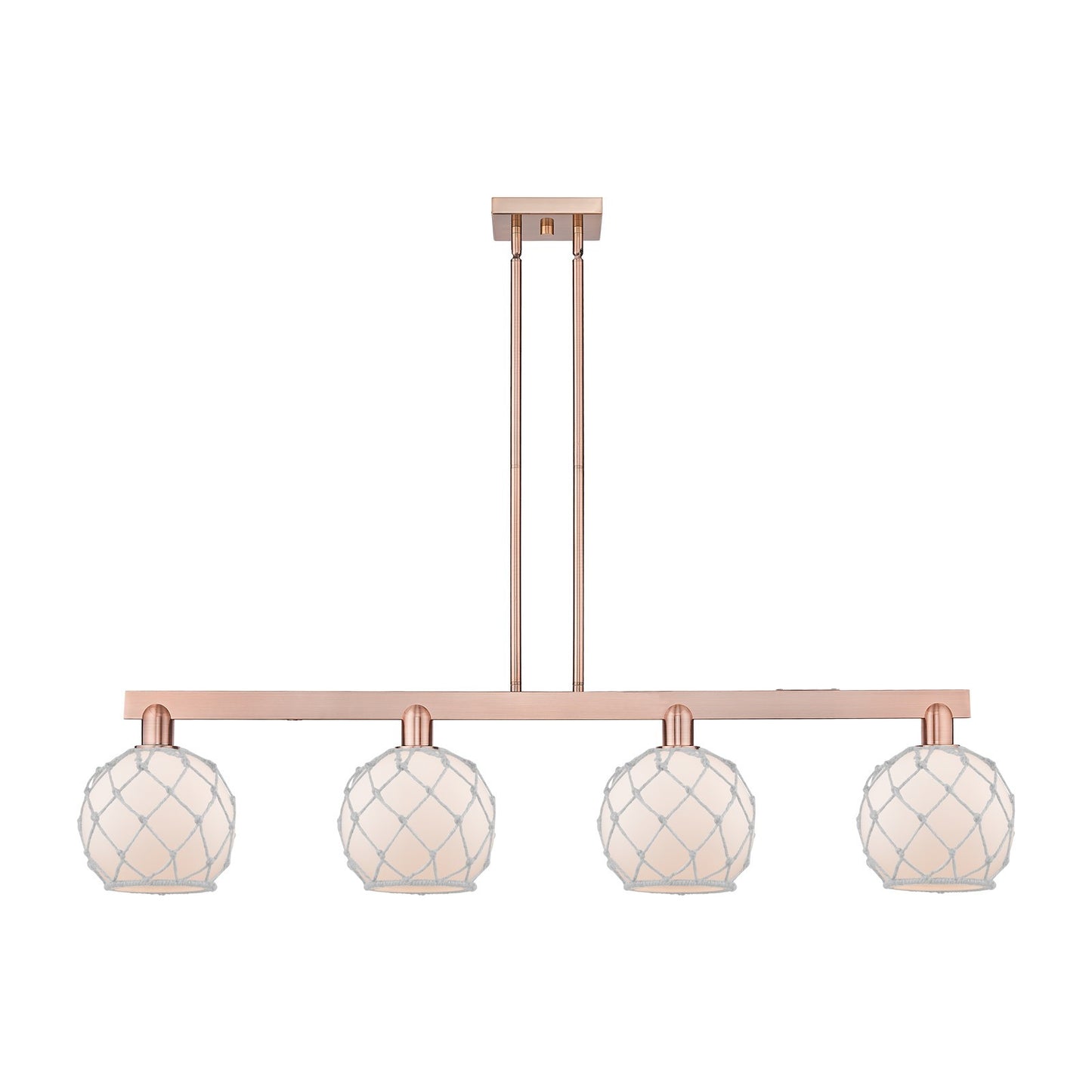 Innovations Farmhouse Rope 51in 4-Light Island Light | Industrial Antique Copper Steel and White Frosted Glass with Rope | Model 716-4I-AC-G121-8RW