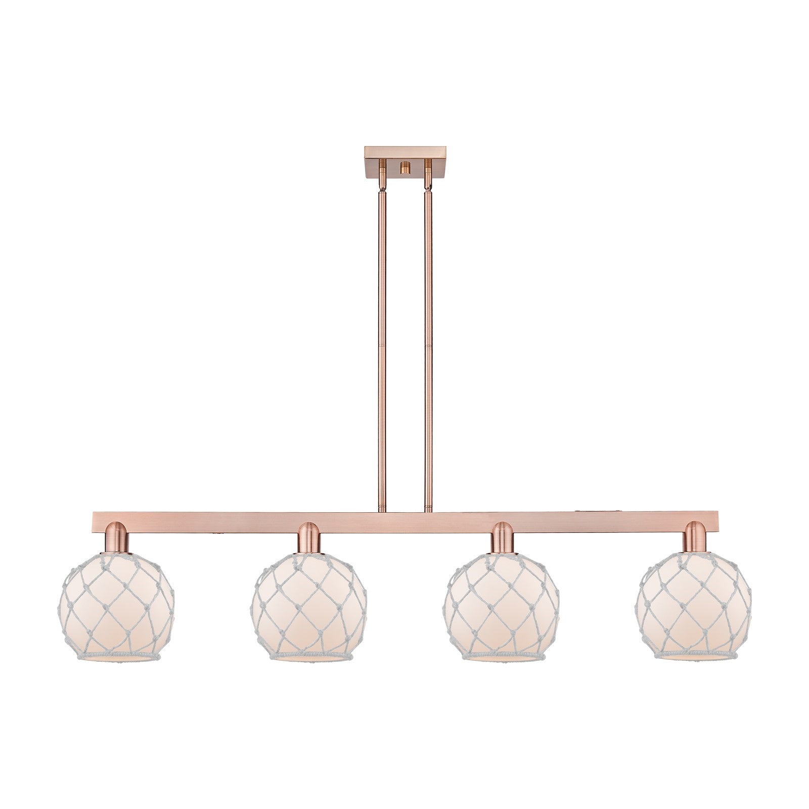 Innovations Farmhouse Rope 51in 4-Light Island Light | Industrial Antique Copper Steel and White Frosted Glass with Rope | Model 716-4I-AC-G121-8RW
