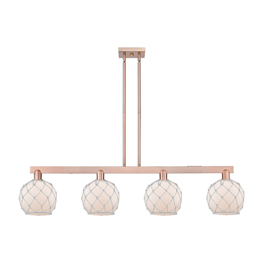 Innovations Farmhouse Rope 51in 4-Light Island Light | Industrial Antique Copper Steel and White Frosted Glass with Rope | Model 716-4I-AC-G121-8RW