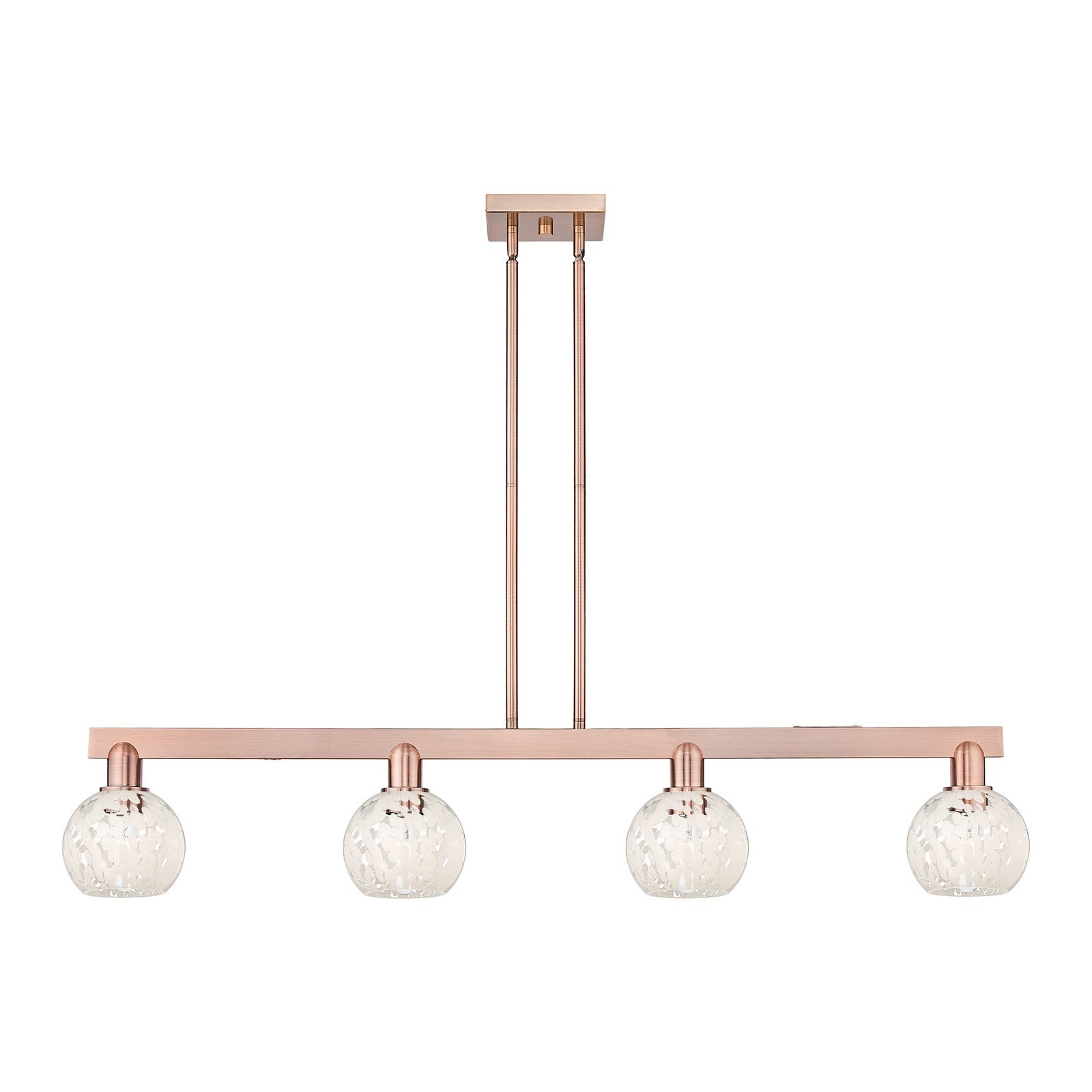 Innovations Lighting White Mouchette 49in 4-Light Island Light | Industrial Antique Copper and White Mouchette Glass | Kitchen | Model 716-4I-AC-G1216-6WM