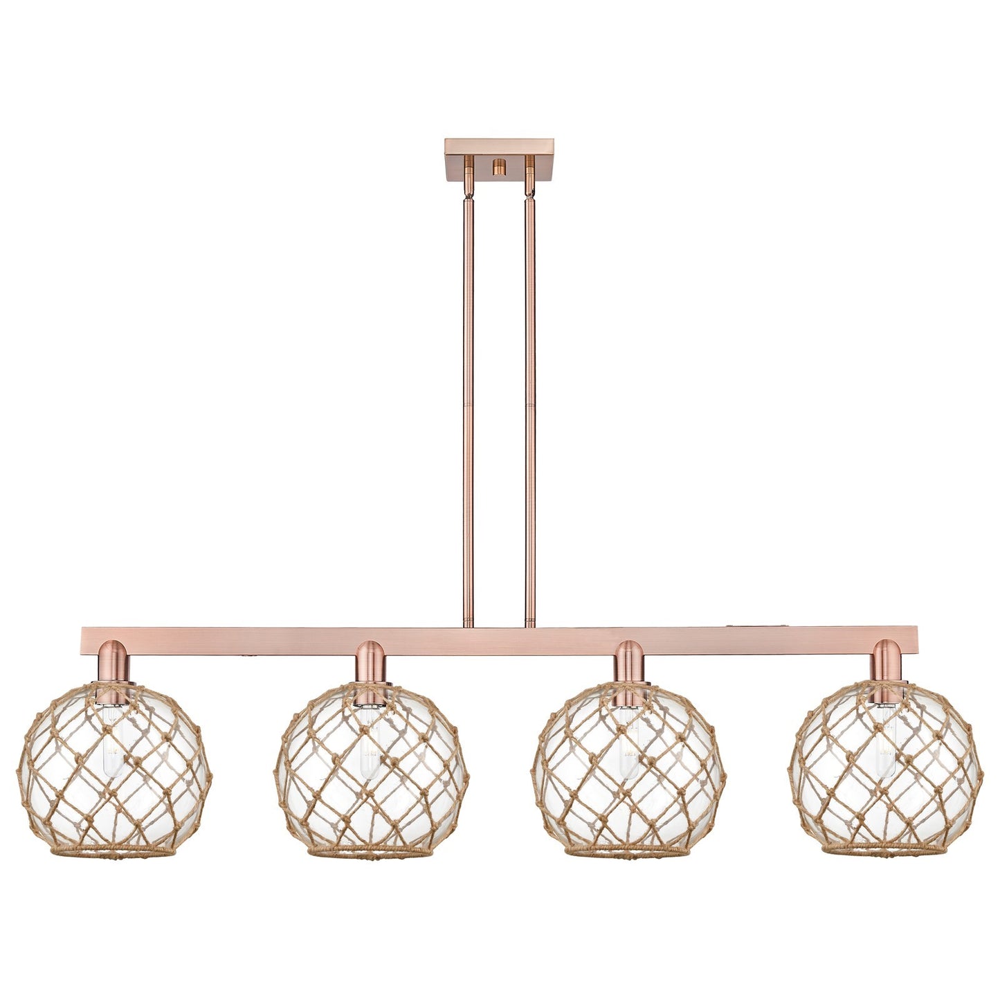 Innovations Farmhouse Rope 53in 4-Light Island Light | Industrial Antique Copper Steel and Clear Glass with Brown Rope | Model 716-4I-AC-G122-10RB