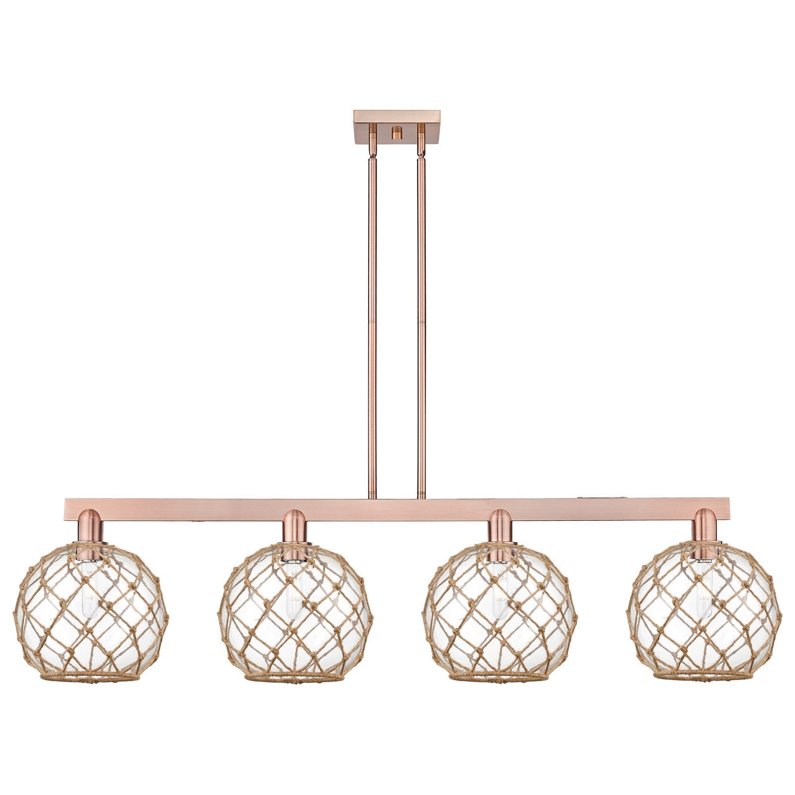 Innovations Farmhouse Rope 53in 4-Light Island Light | Industrial Antique Copper Steel and Clear Glass with Brown Rope | Model 716-4I-AC-G122-10RB